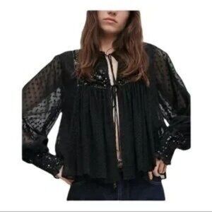 Zara Black Tasseled sequined Dotted Mesh Blouse XS